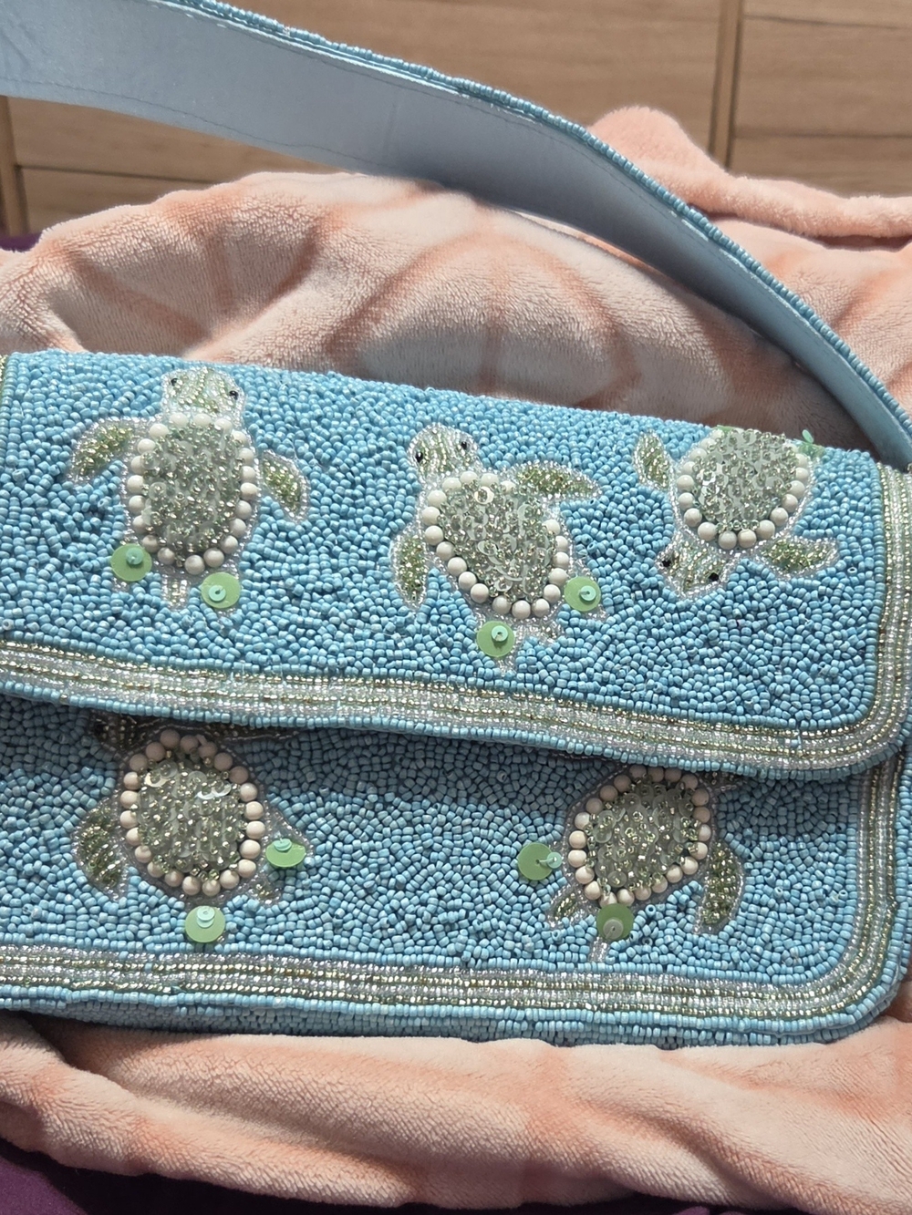 Beaded Sea Turtle Shoulder Bag - Light Blue